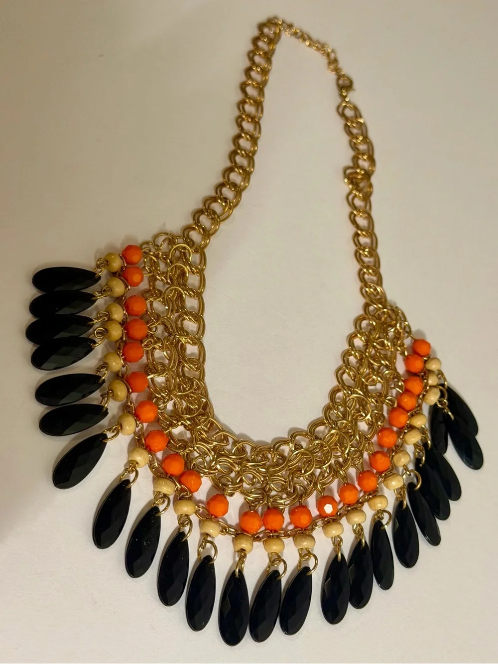 Gold Tone Black Teardrop Orange Beaded Layered Bib Statement Chunky Necklace VG
